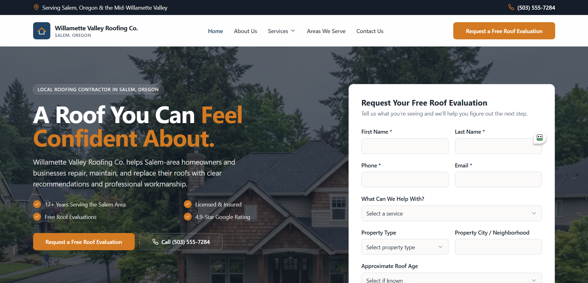 Willamette Valley Roofing Co. TrustSite™ example hero section