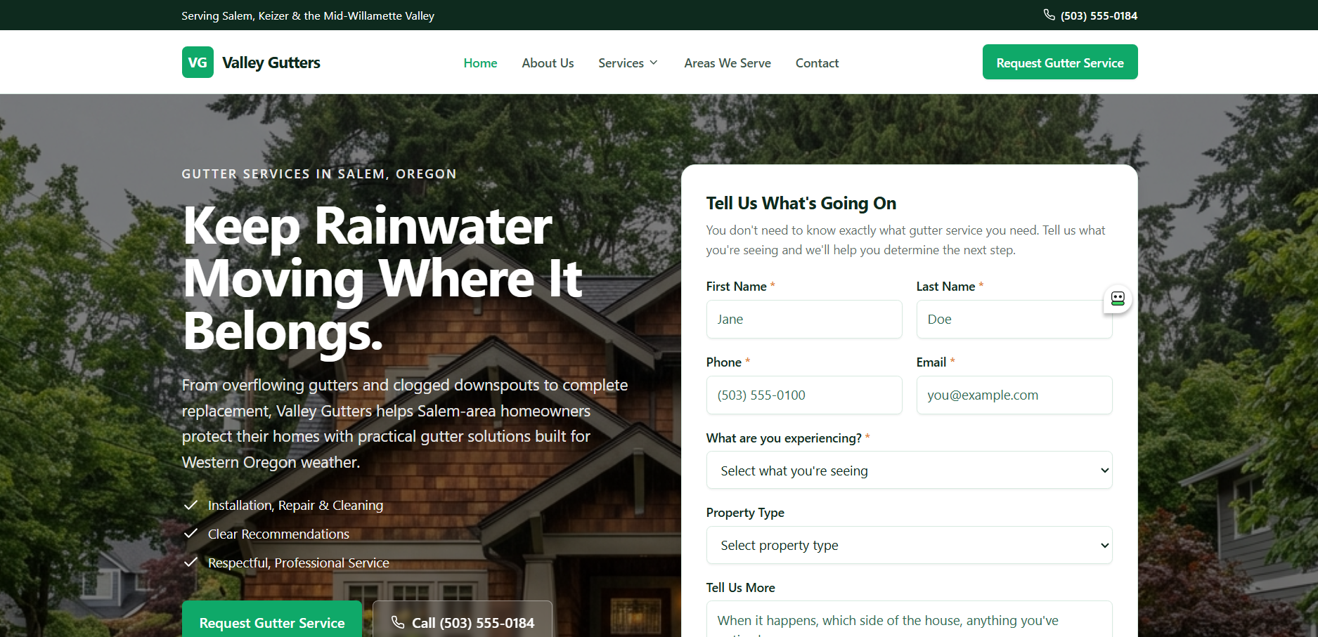 Valley Gutters TrustSite™ example hero section