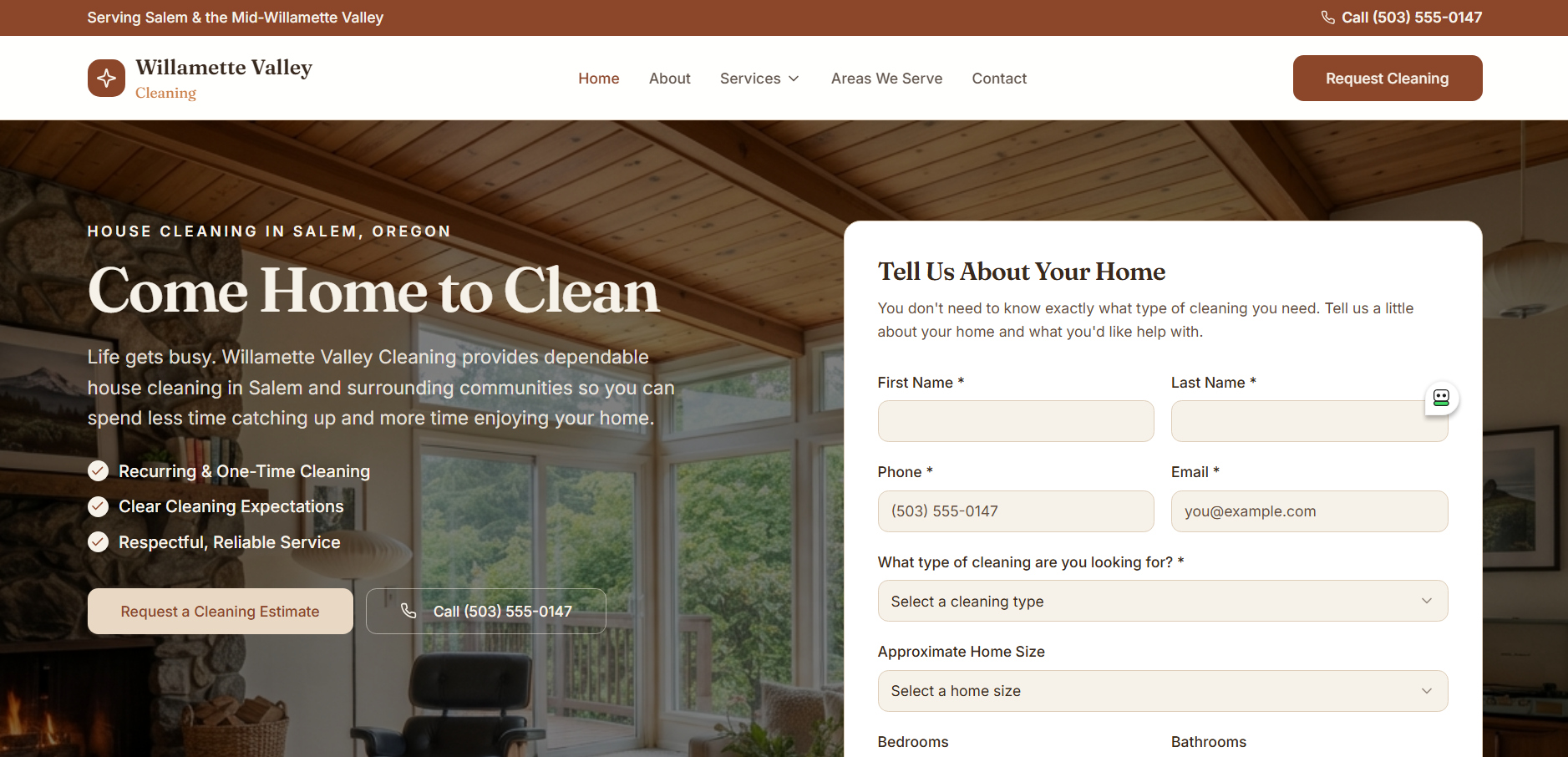 Willamette Valley Cleaning TrustSite™ example hero section