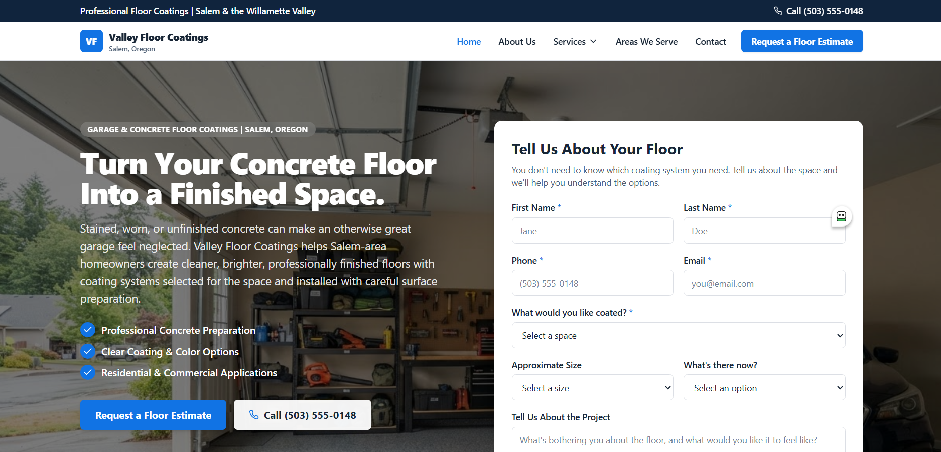Valley Floor Coatings TrustSite™ example hero section
