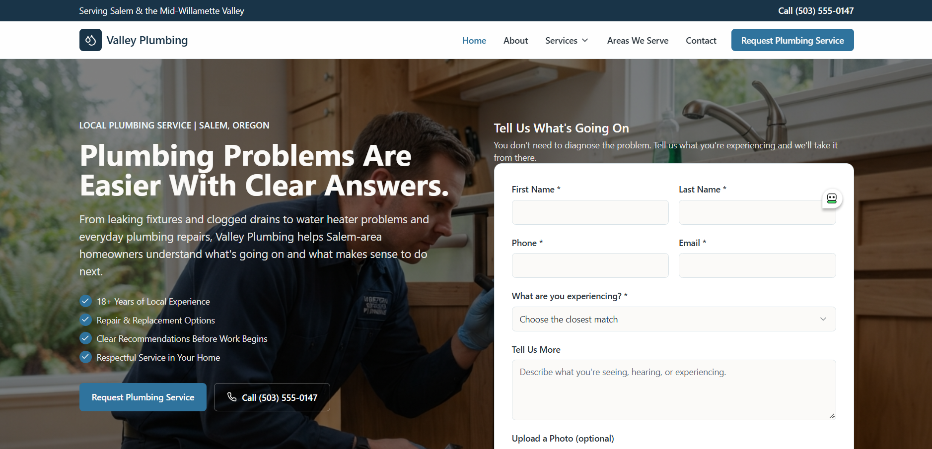 Valley Plumbing TrustSite™ example hero section