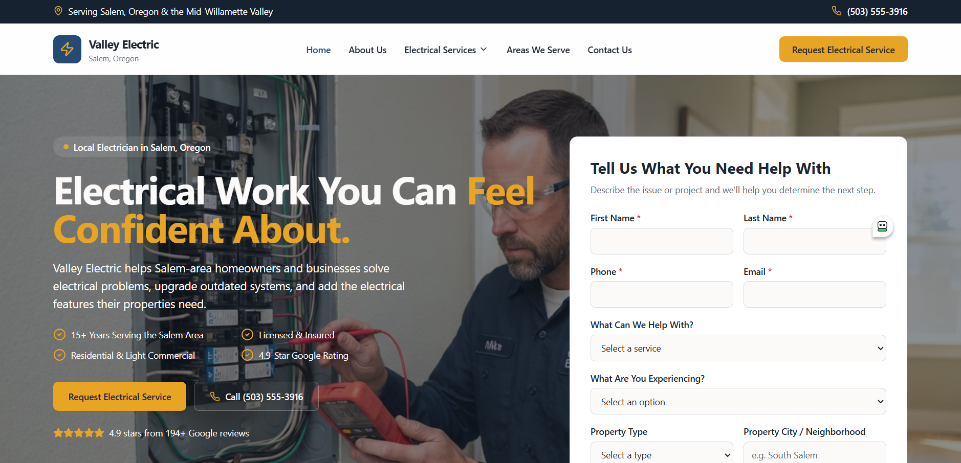 Valley Electric TrustSite™ example hero section