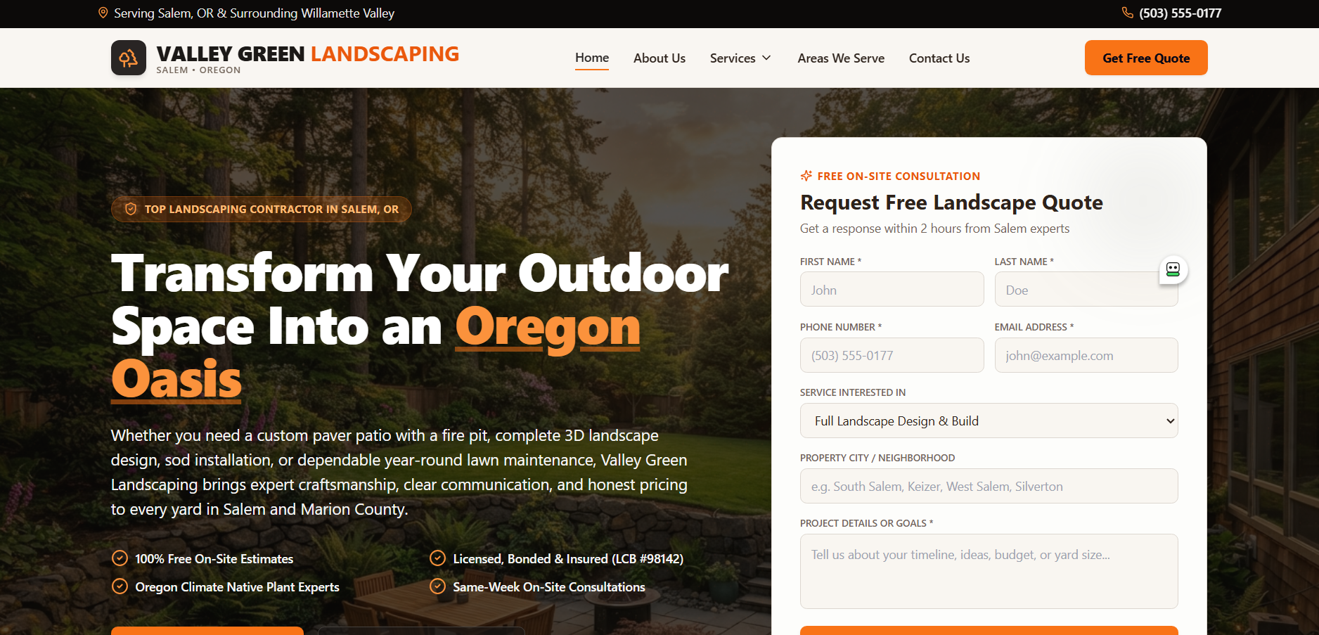 Valley Green Landscaping TrustSite™ example hero section