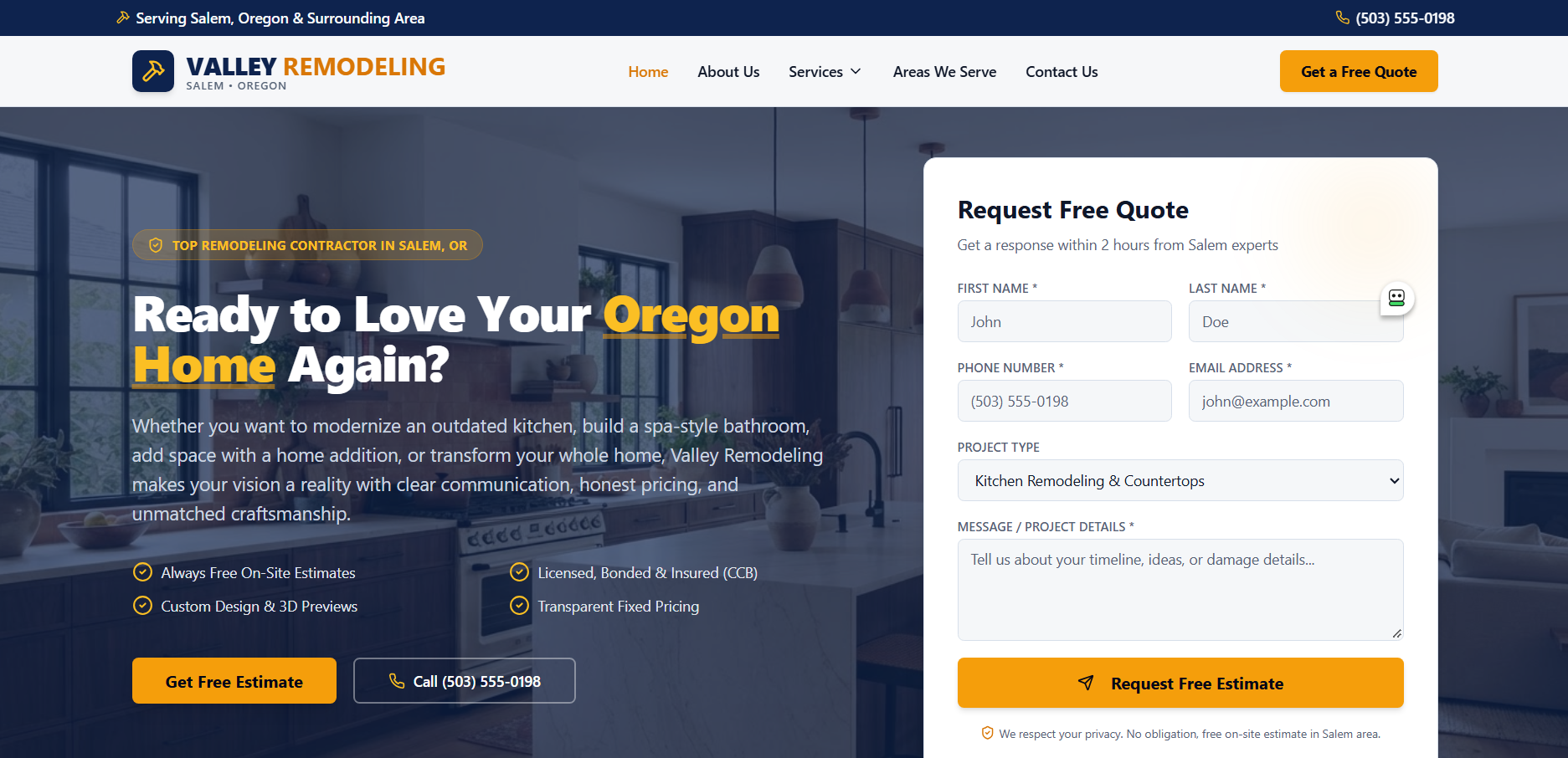 Valley Remodeling TrustSite™ example hero section