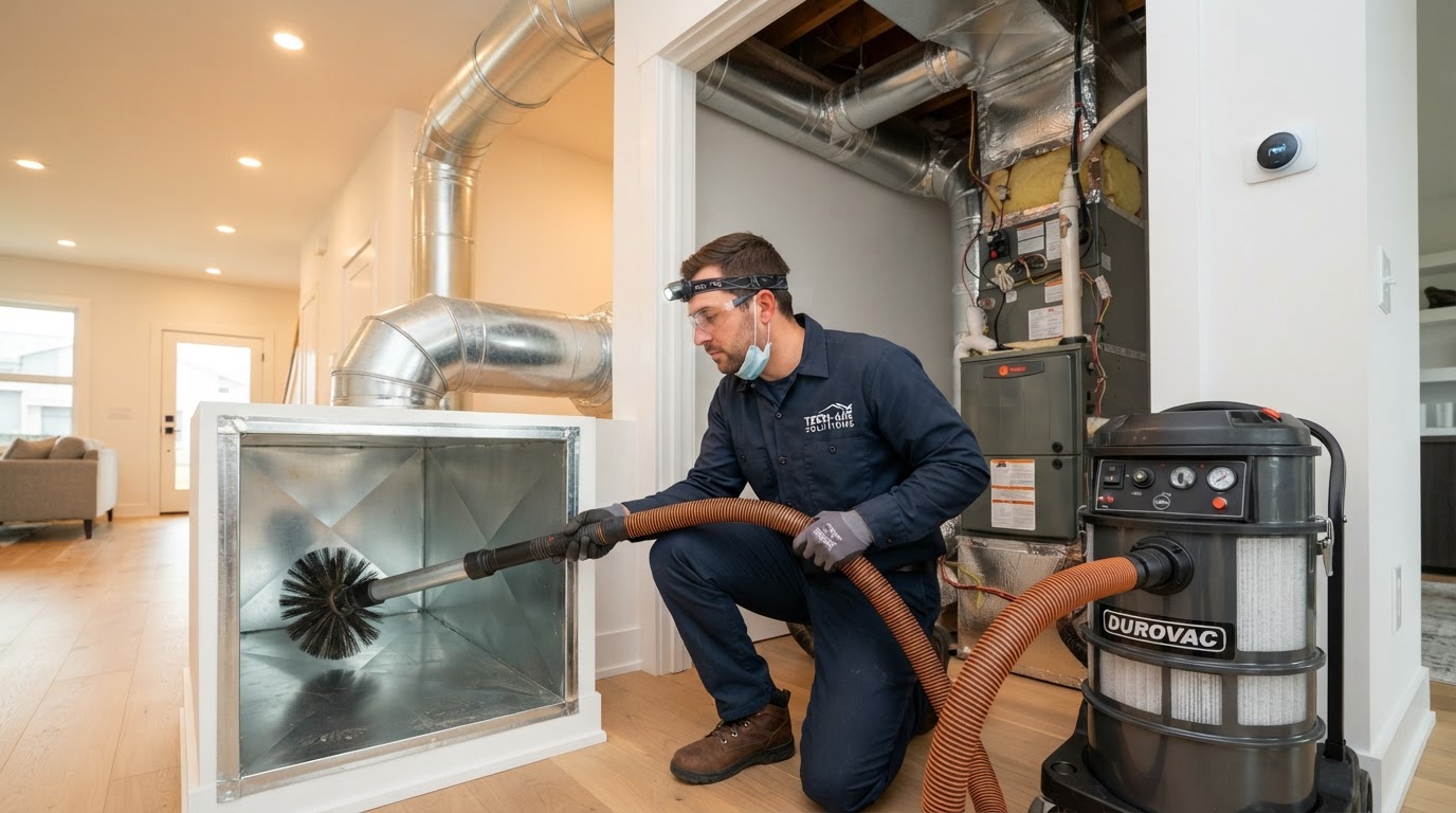 HVAC technician cleaning home air duct system