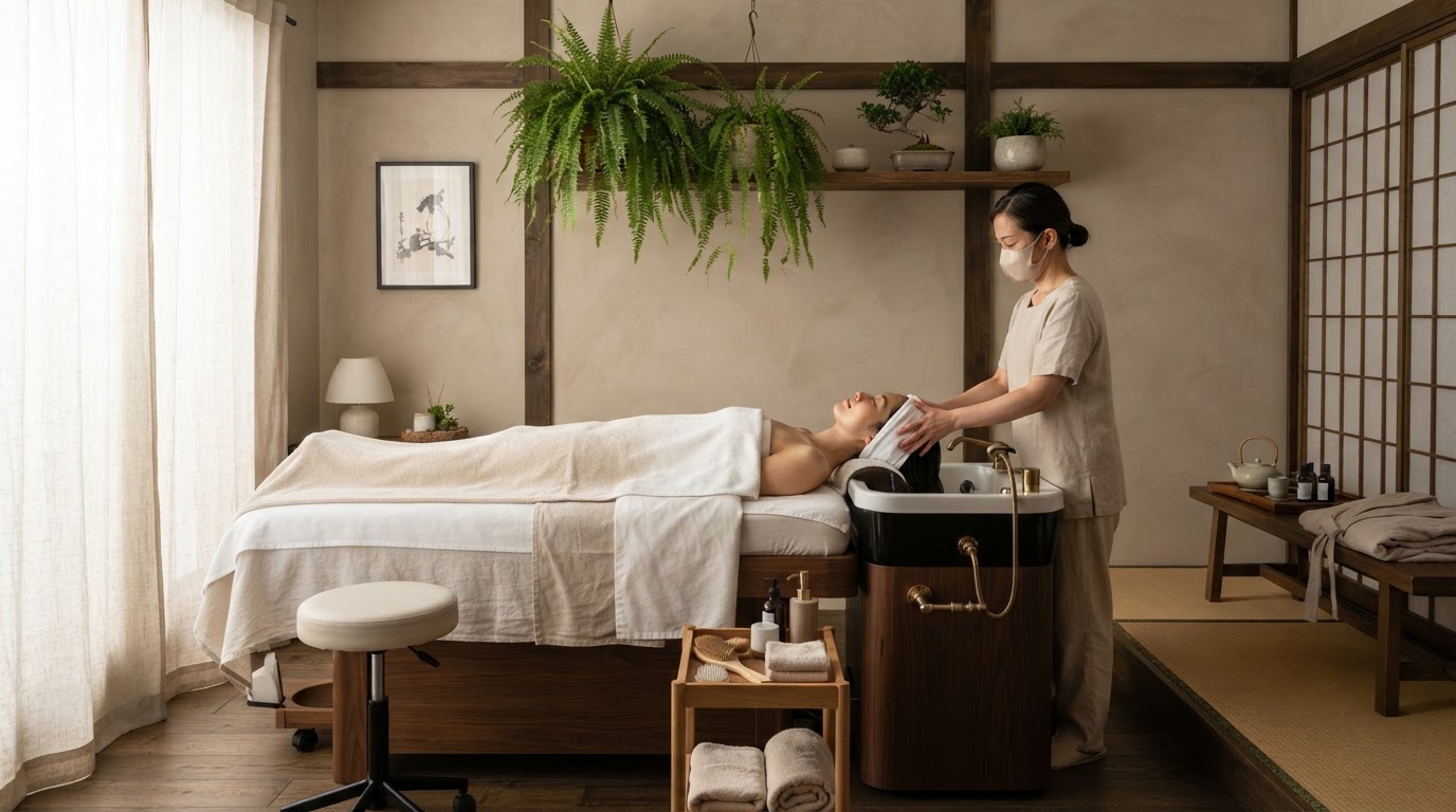 Serene head spa treatment room with soft natural light