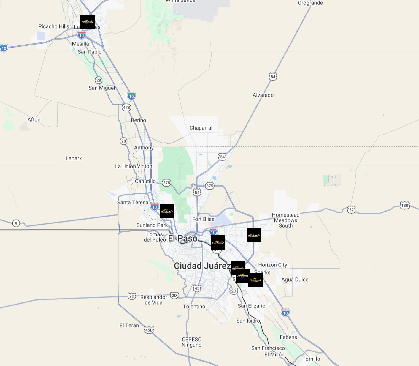 Map of Oasis Tires & Wheels 7 store locations across El Paso and Las Cruces
