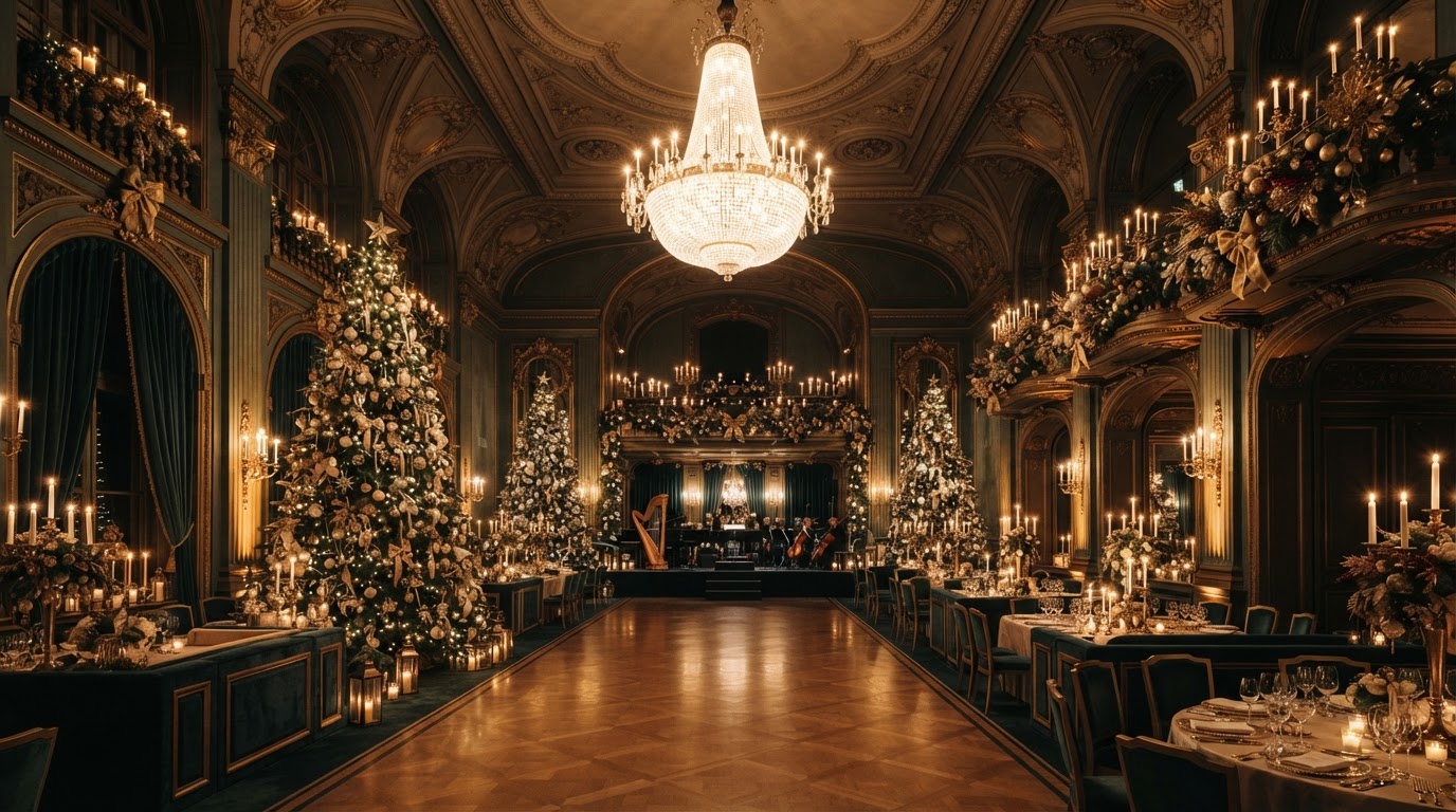 Grand Christmas gala ballroom with golden candlelight and evergreen garlands