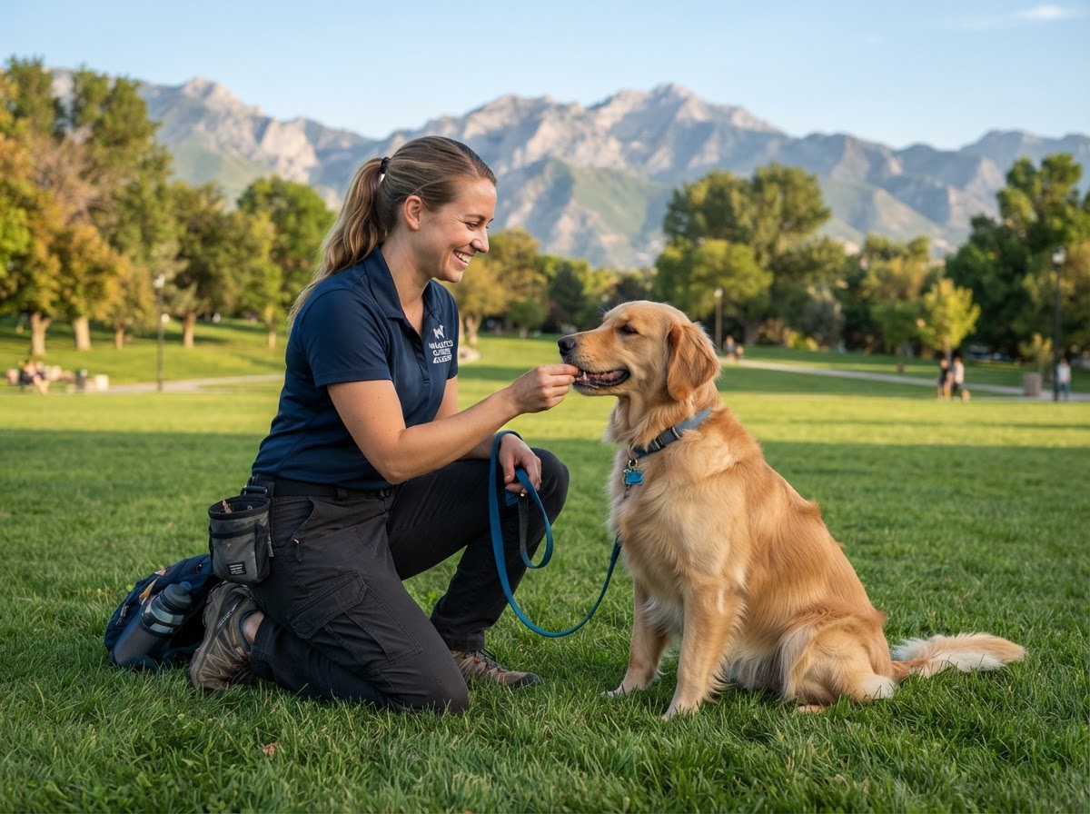 A professional dog trainer working with a happy, attentive dog in Northern Utah