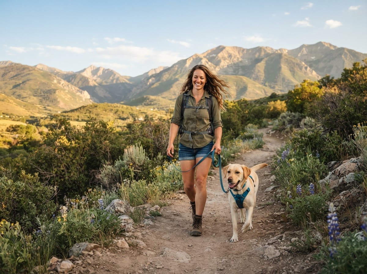 A happy dog owner enjoying a walk with a calm, well-behaved dog after training