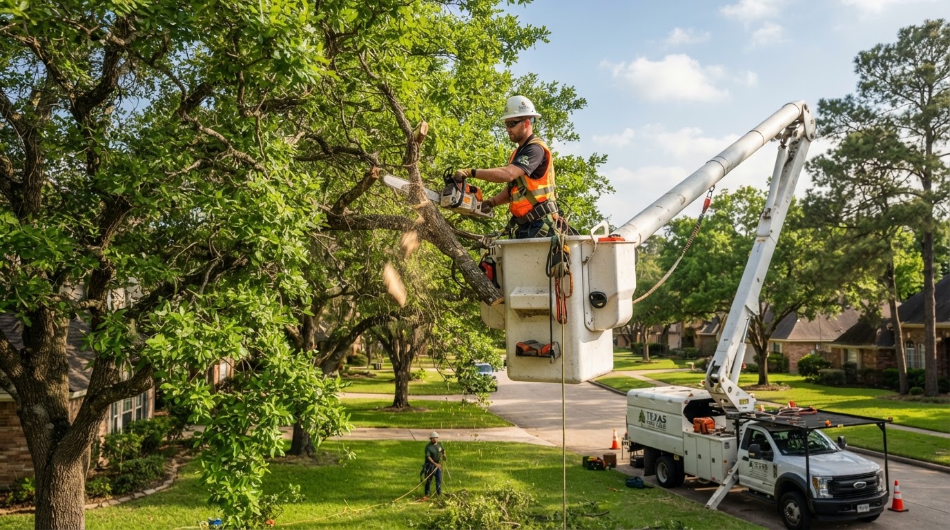 JSR arborist trimming a large oak tree in Spring, TX