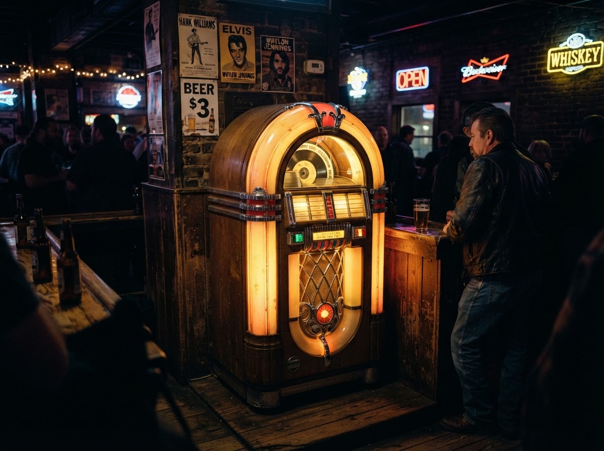 Vintage glowing jukebox at The Keg on Main dive bar in Blue Springs, MO