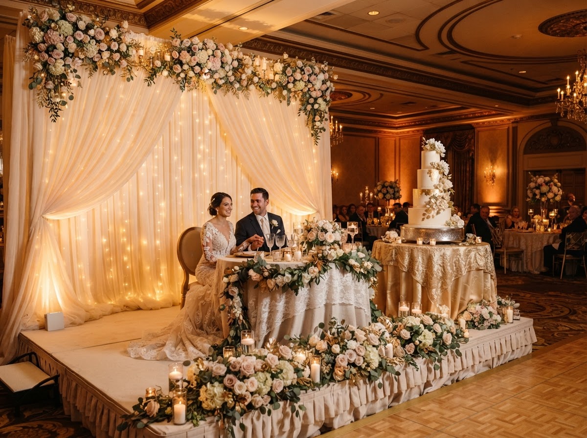 Wedding stage and sweetheart table with draped backdrop