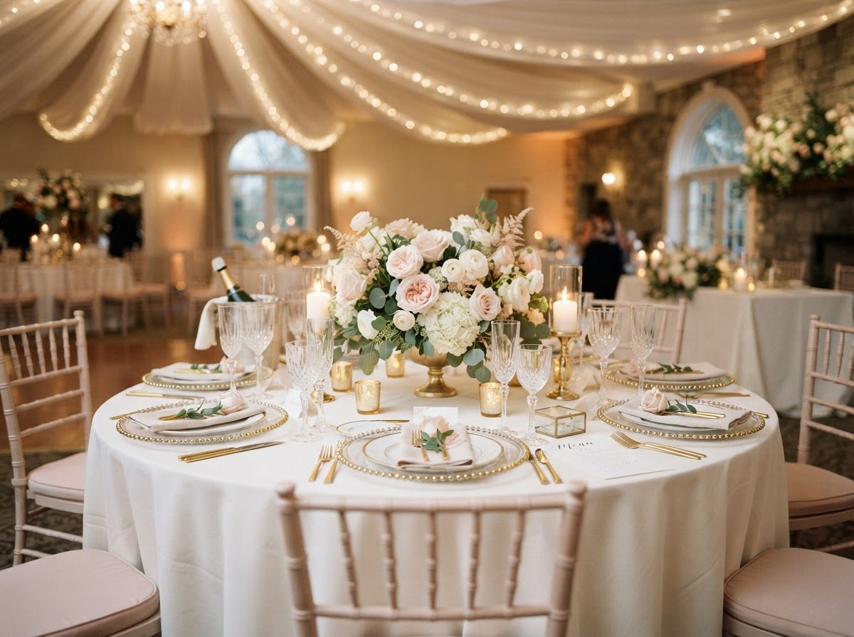 Refined wedding table detail with florals and glassware