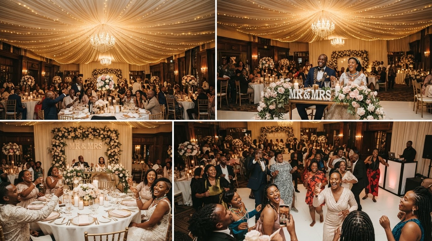 Elegant indoor wedding reception with round tables and draped ceiling