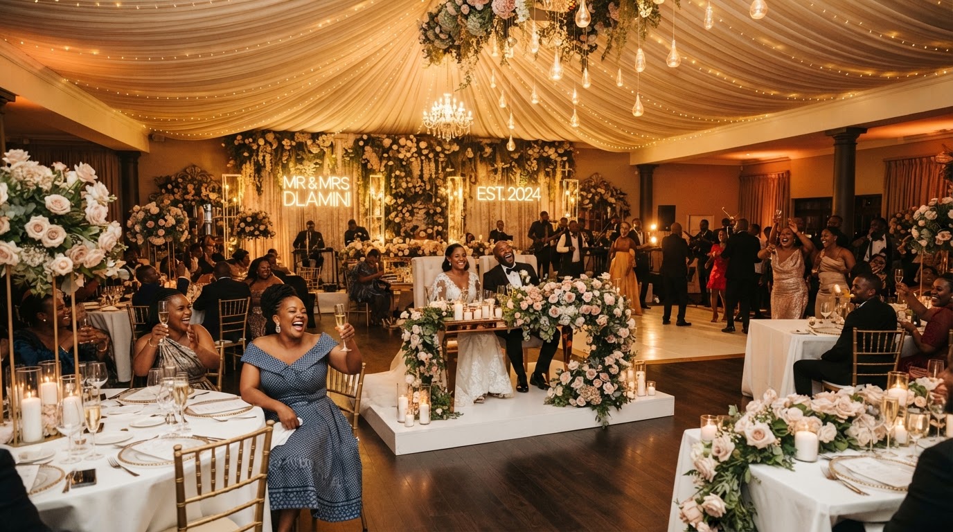 Elegant indoor wedding reception with round tables and draped ceiling