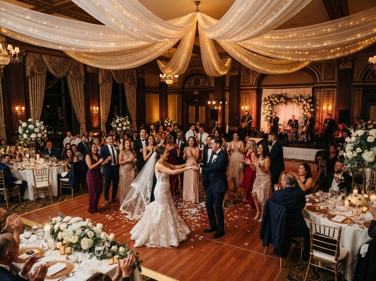 Wedding reception dance floor and draped ceiling