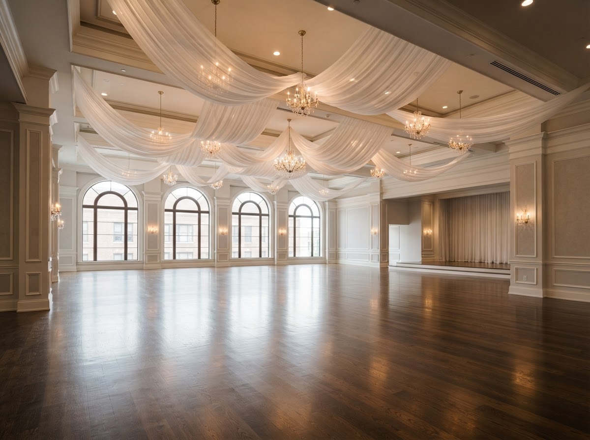 The banquet hall with draped ceiling and warm lighting