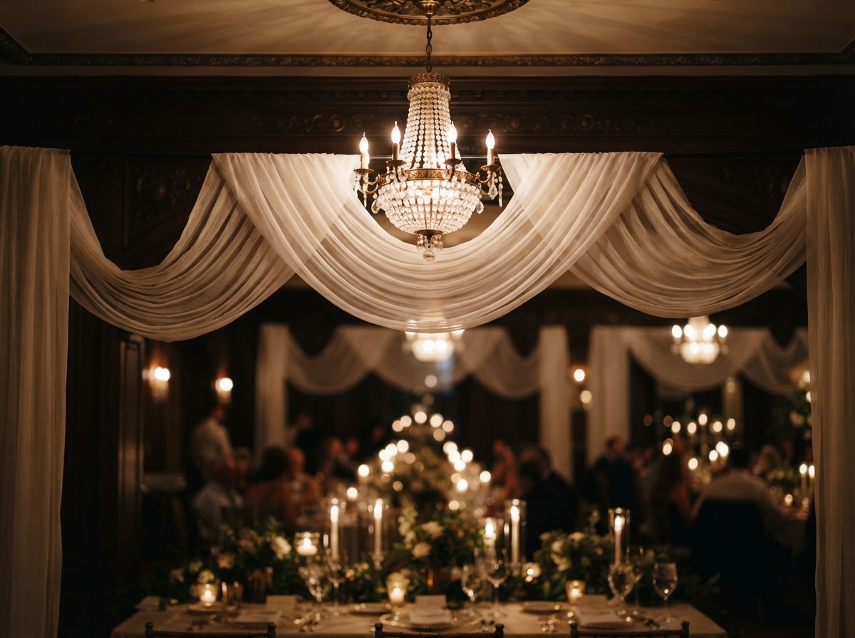 Warm draped ceiling and chandelier lighting