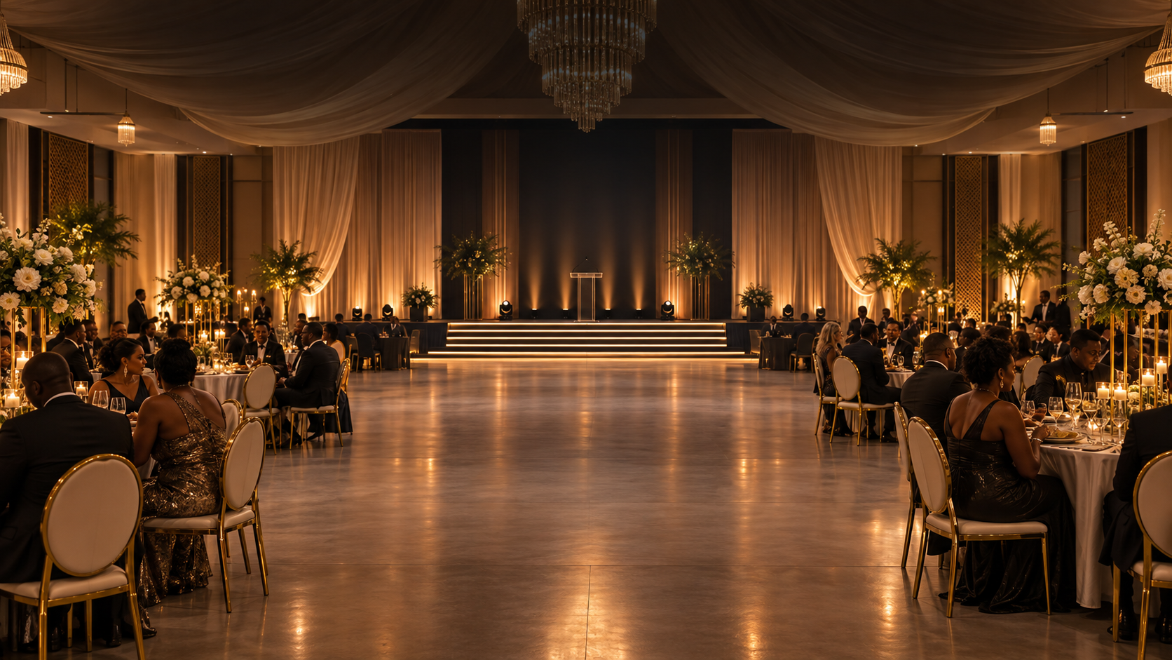 Oasis Valley grand indoor banquet hall with chandelier and styled event tables
