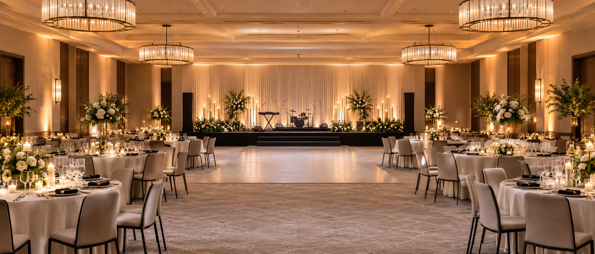 Oasis Valley grand indoor banquet hall with stage, central event floor and surrounding dining tables