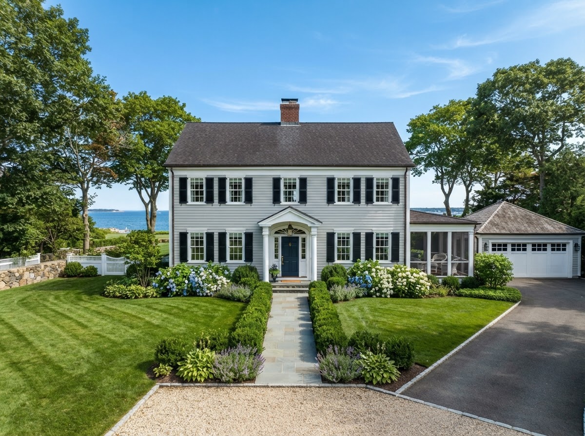 Colonial home painted gray with white trim