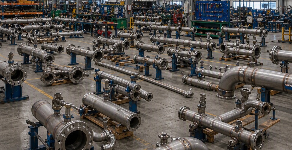 Pipe fabrication shop with spool assemblies on jack stands