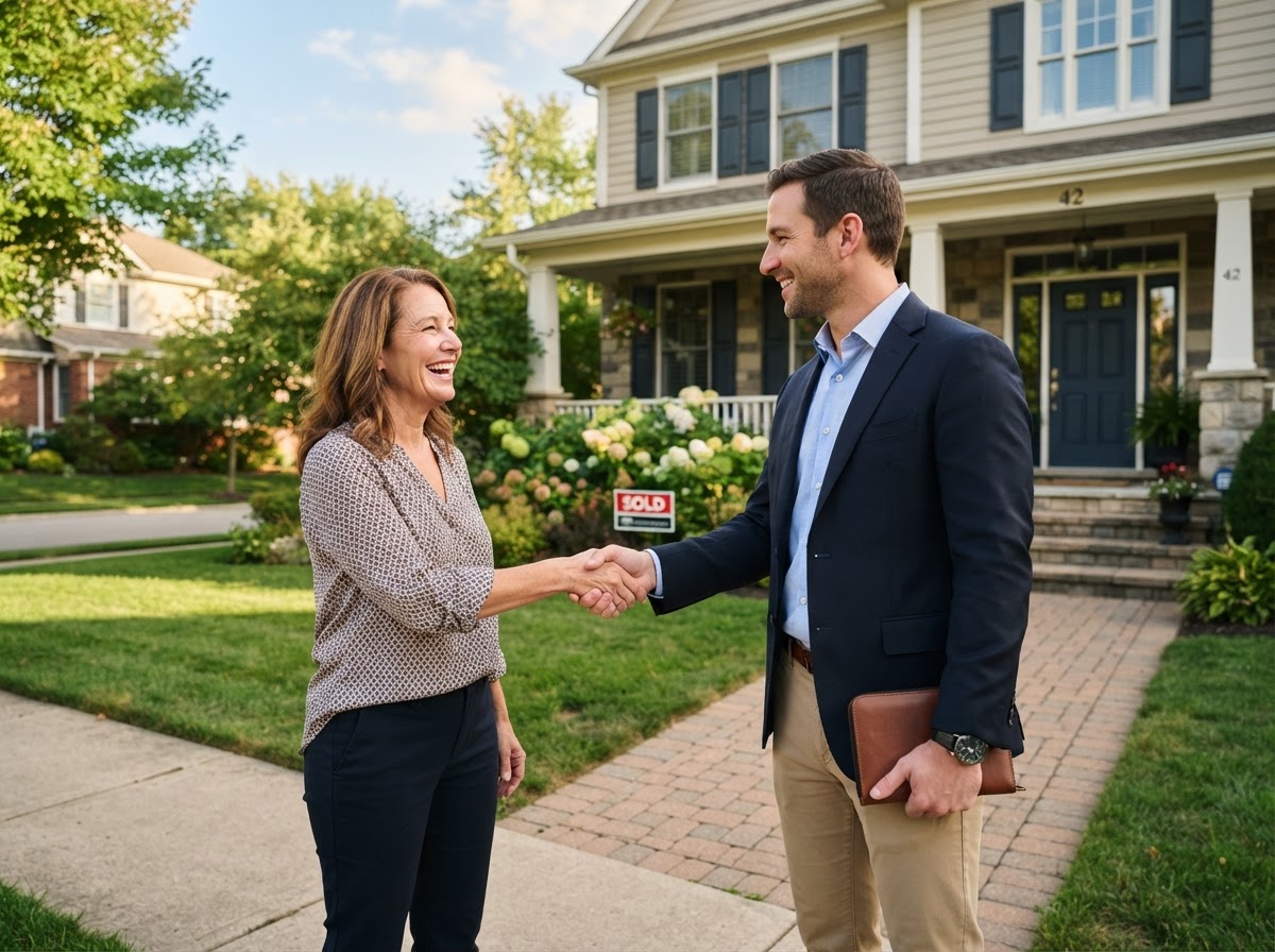 Real estate wholesaler shaking hands with a homeowner in front of a house