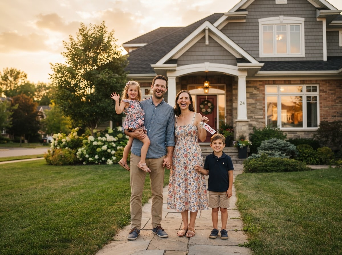 Happy family receiving keys to their new home