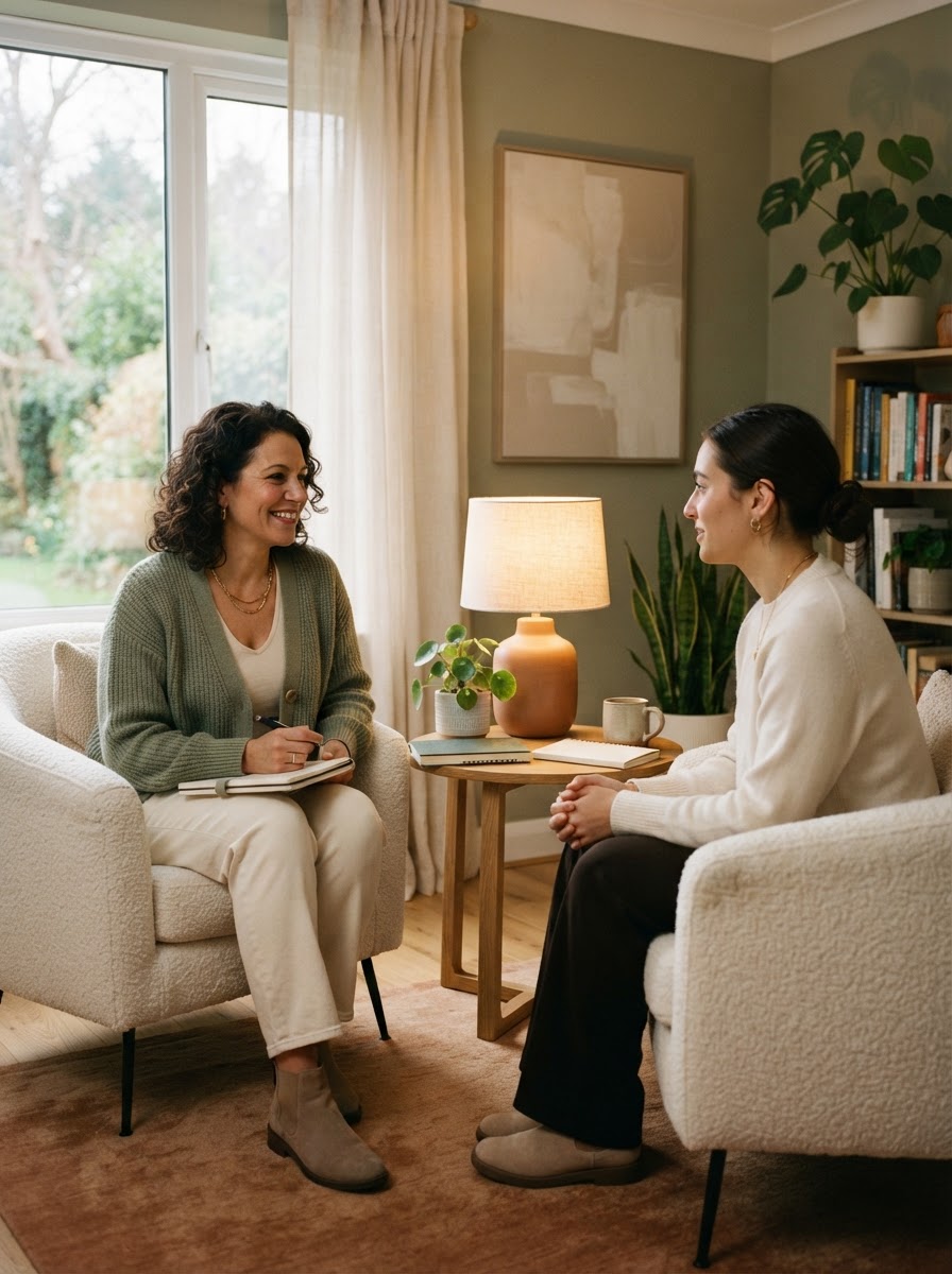 A therapist in a private practice session, speaking attentively with a client in a calm, warmly lit office