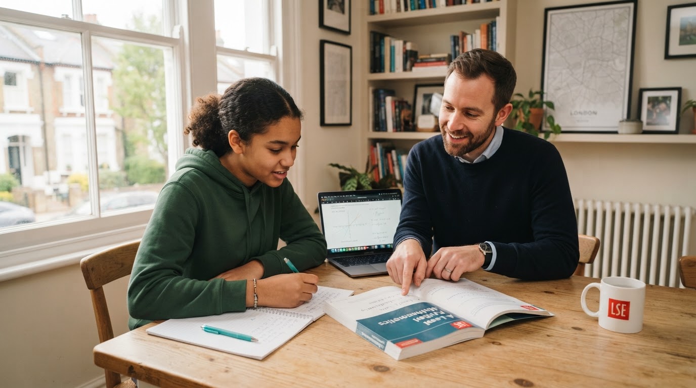 MSR tutoring a student in maths and computing at a study table in London
