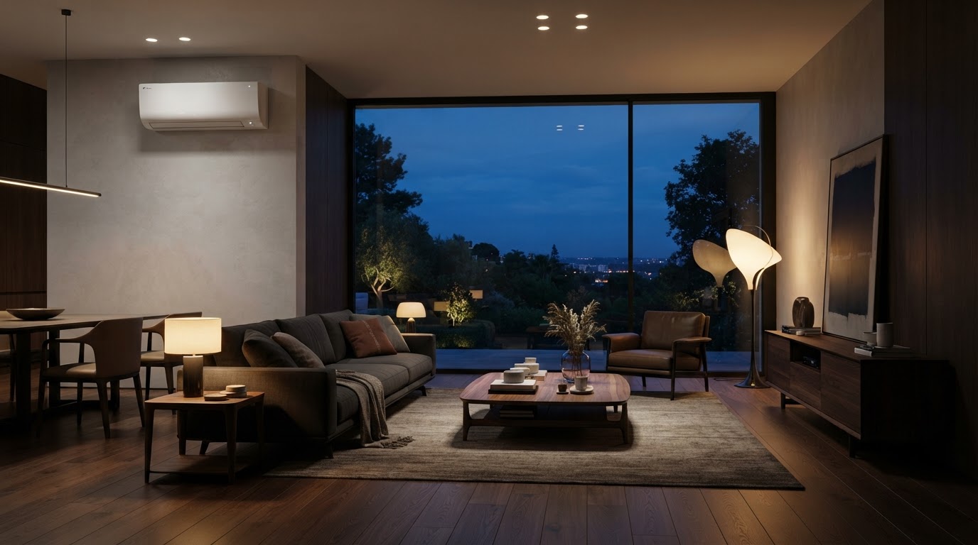 Modern luxury home interior with a wall mounted split system air conditioner at dusk