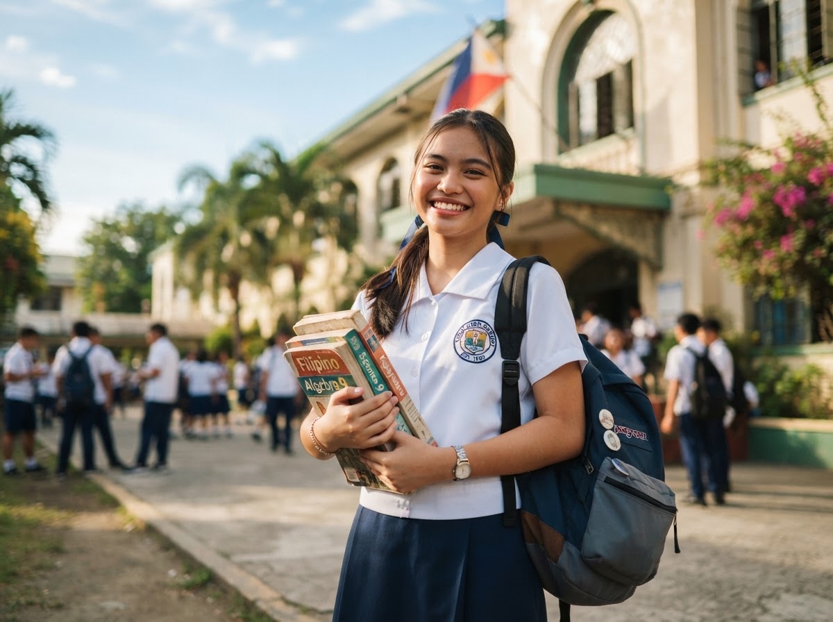 A smiling Filipino student holding books in front of a school building
