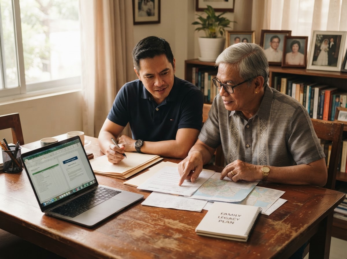 A Filipino father and grandfather reviewing family documents together for legacy planning