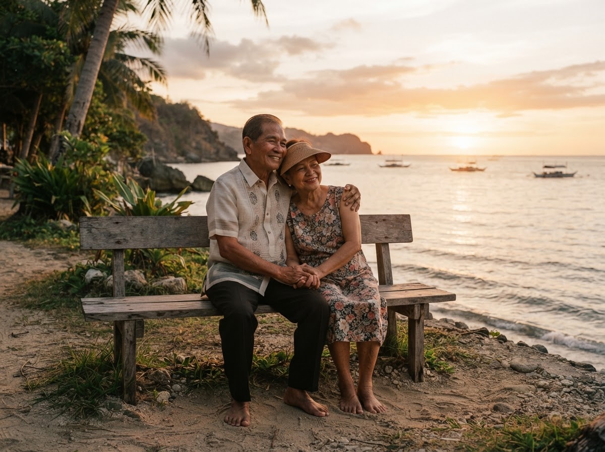 A happy elderly Filipino couple sitting by the seaside at sunset