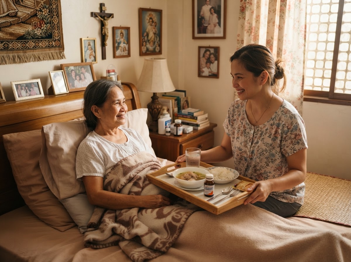 A Filipino family member caring for a relative recovering from illness at home