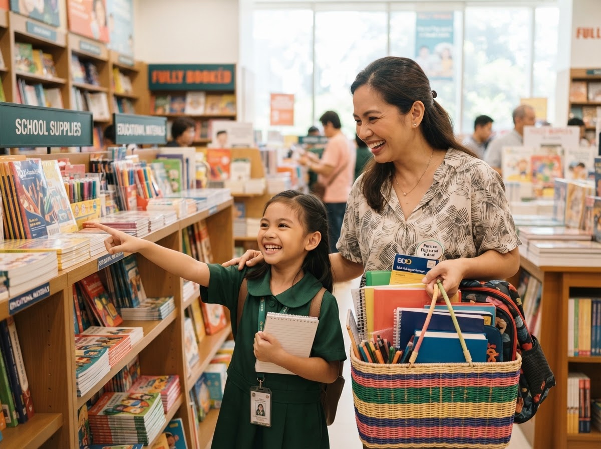 A Filipino parent and child shopping for school supplies, planning for education