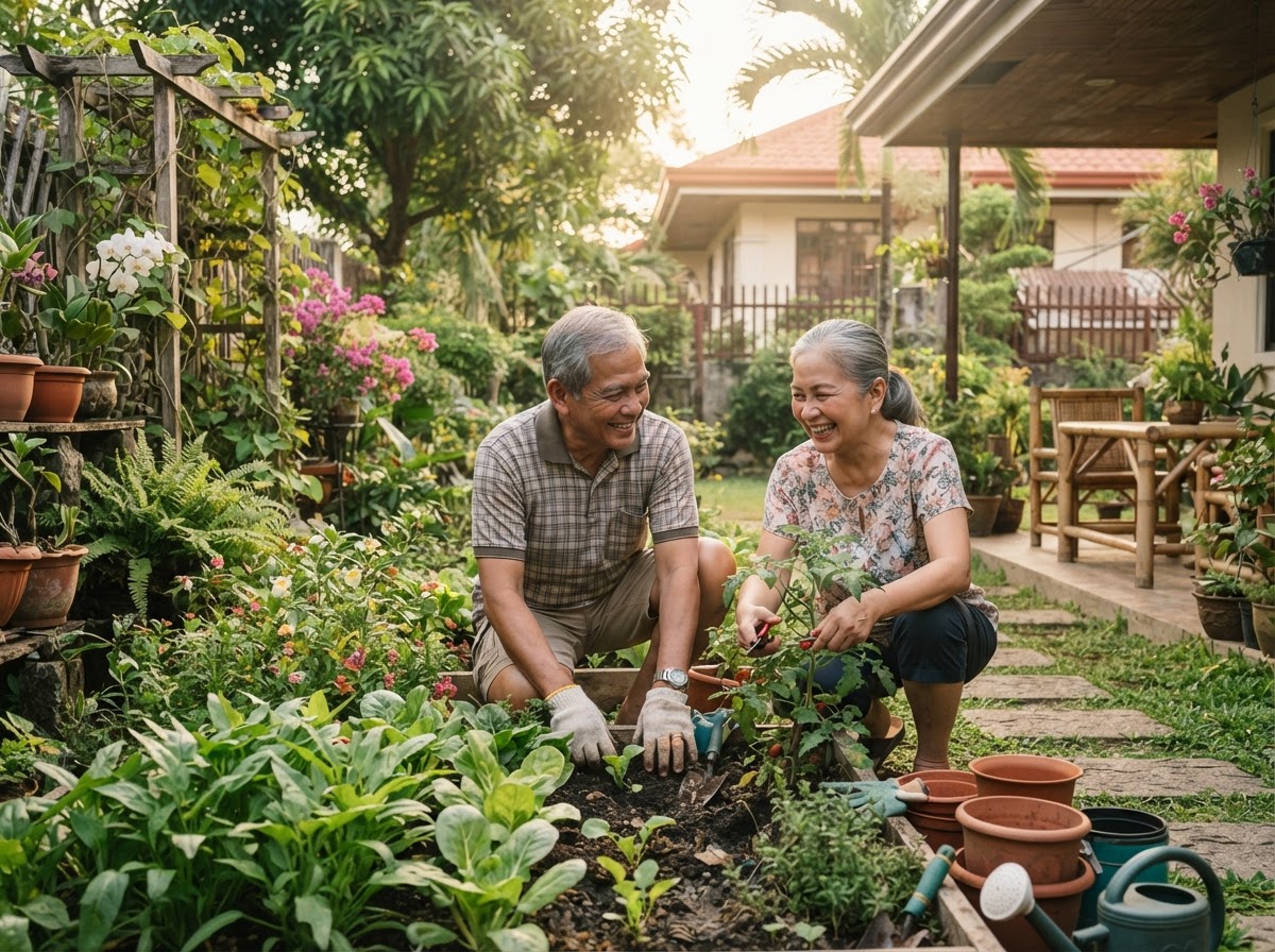 A happy retired Filipino couple gardening together, enjoying a comfortable retirement