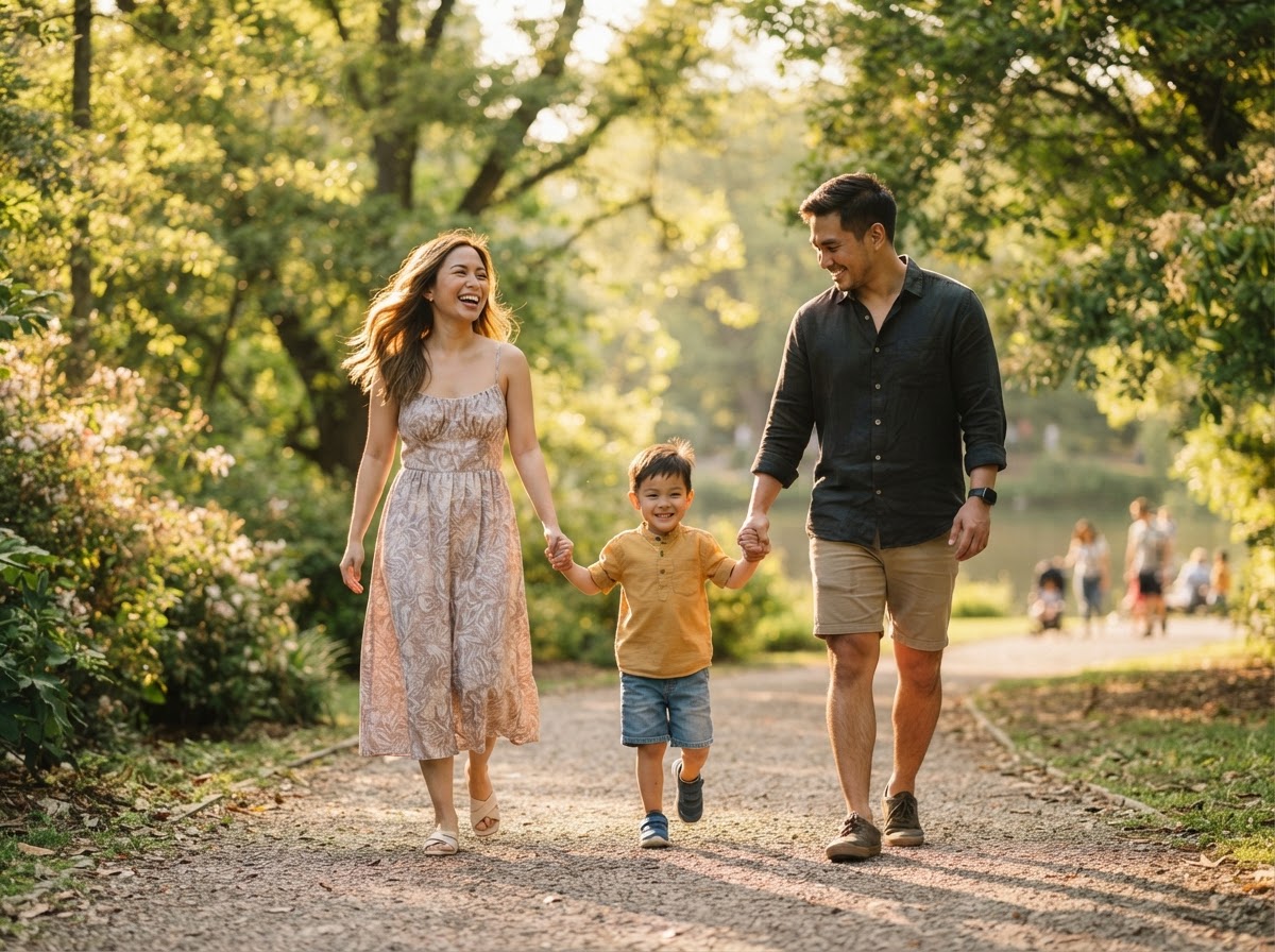 A Filipino couple walking with their child in a sunlit park, feeling secure and protected