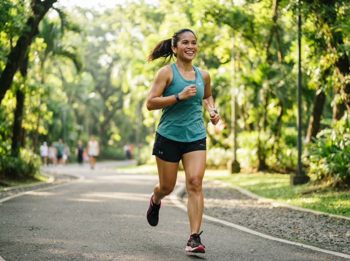A healthy Filipino adult jogging outdoors in a sunny park