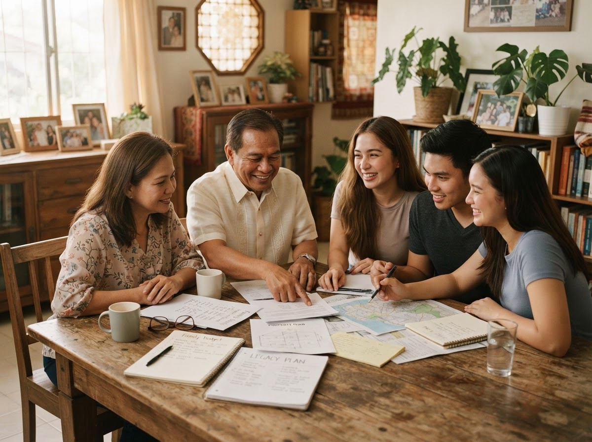 A Filipino family reviewing documents together at a dining table