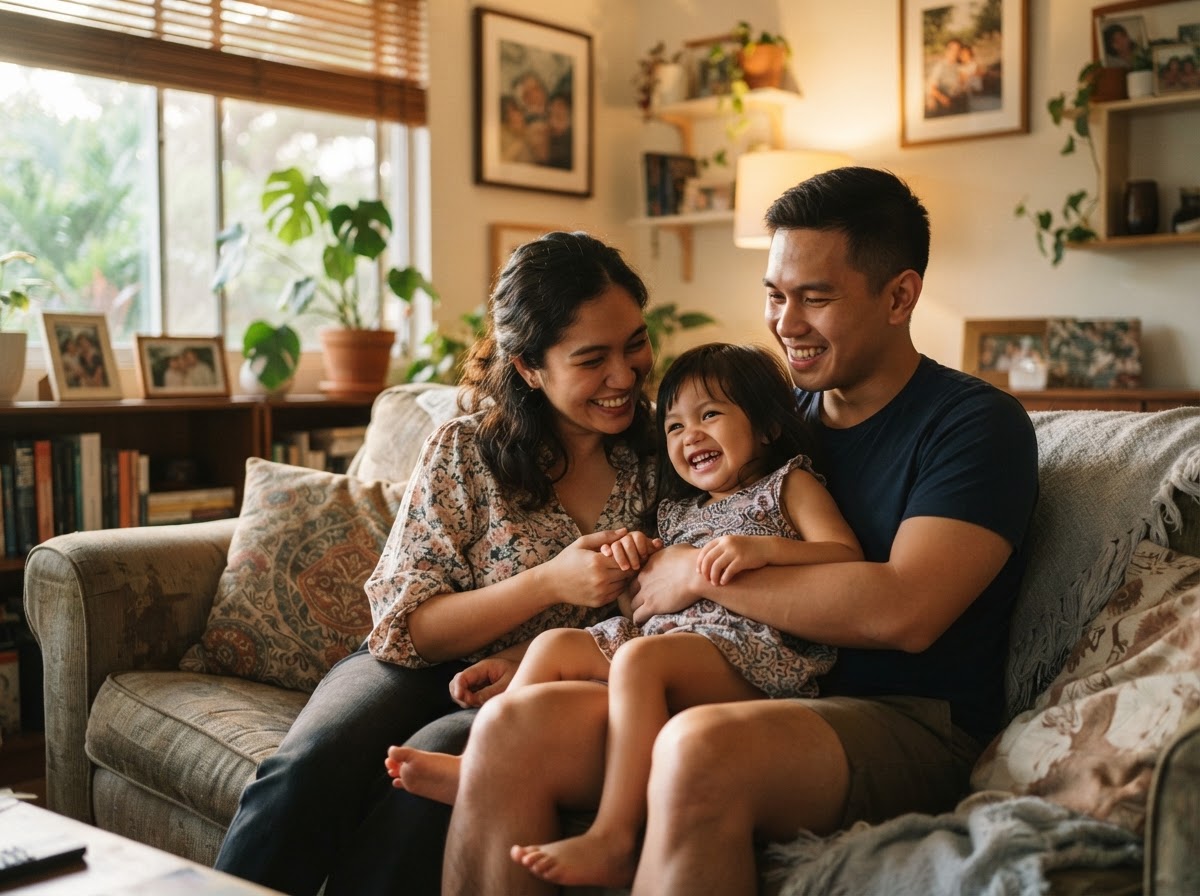 A Filipino family relaxing together at home, feeling safe and protected