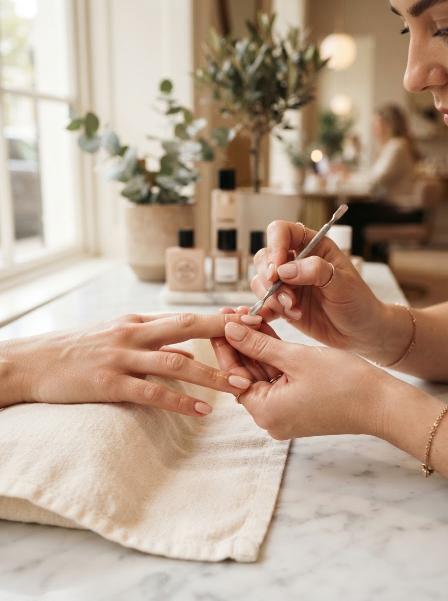 Nail technician working with a client in a luxury salon