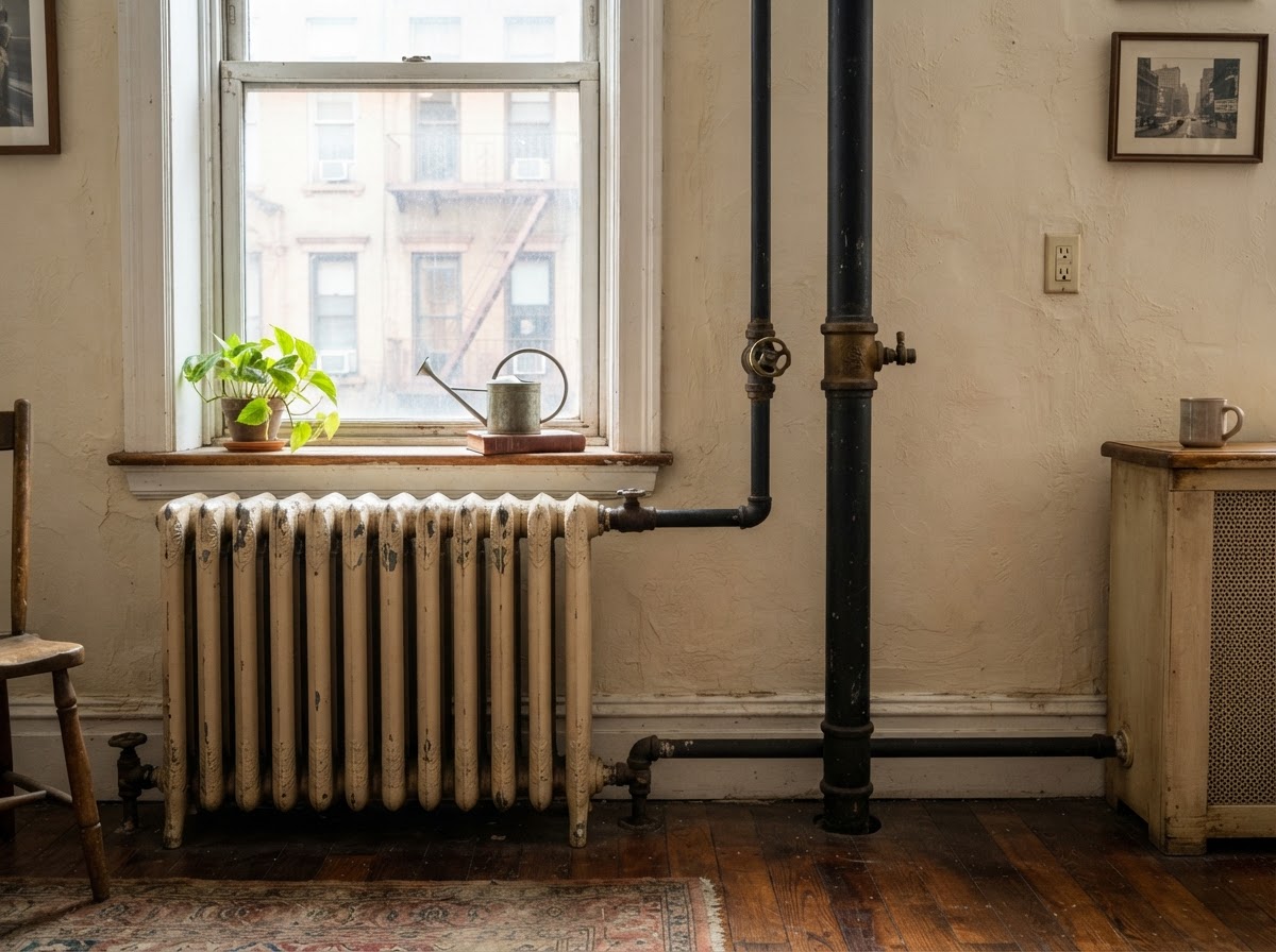 Steam heating system service — steel steam pipes and radiator connections in an older Bronx, NY home