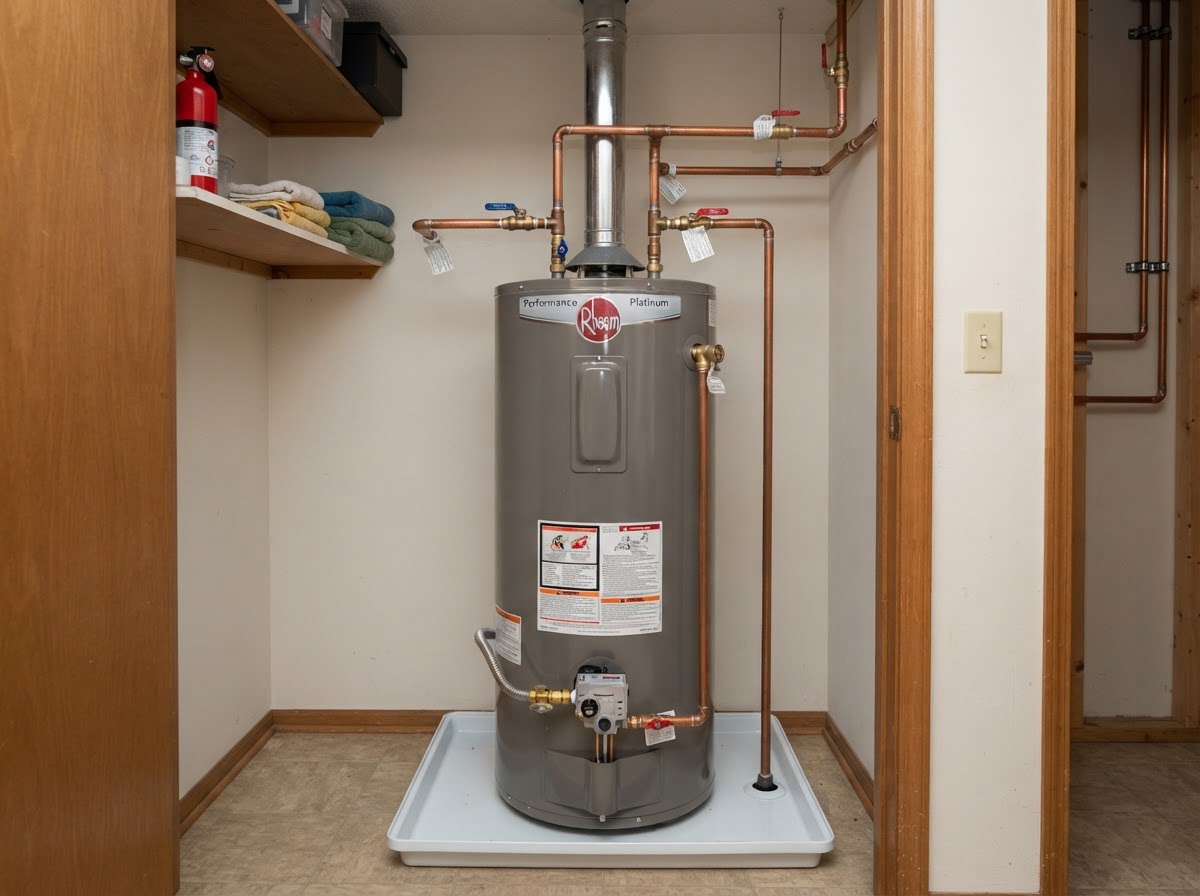 Hot water system installation — tank water heater mounted on a utility room wall in Bronx, Queens & Brooklyn, NY