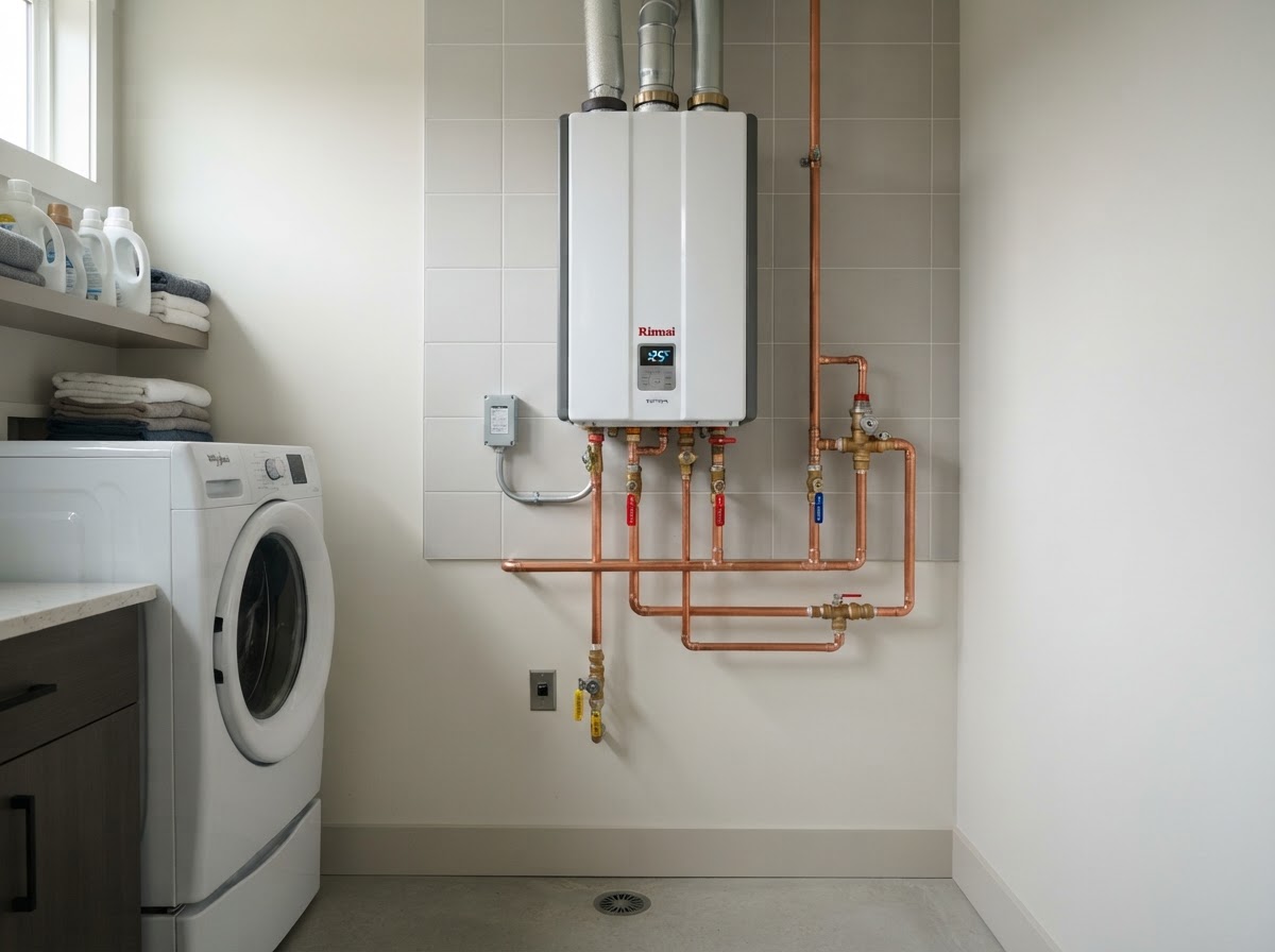 Tankless water heater installation — compact on-demand unit mounted on a wall in Bronx, Queens & Brooklyn, NY