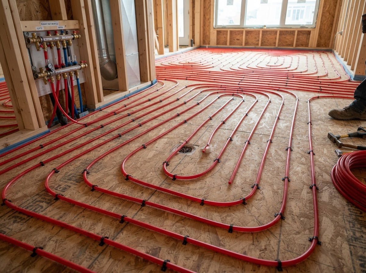 Radiant floor heating installation — red PEX tubing laid across a subfloor before the pour in Brooklyn, NY