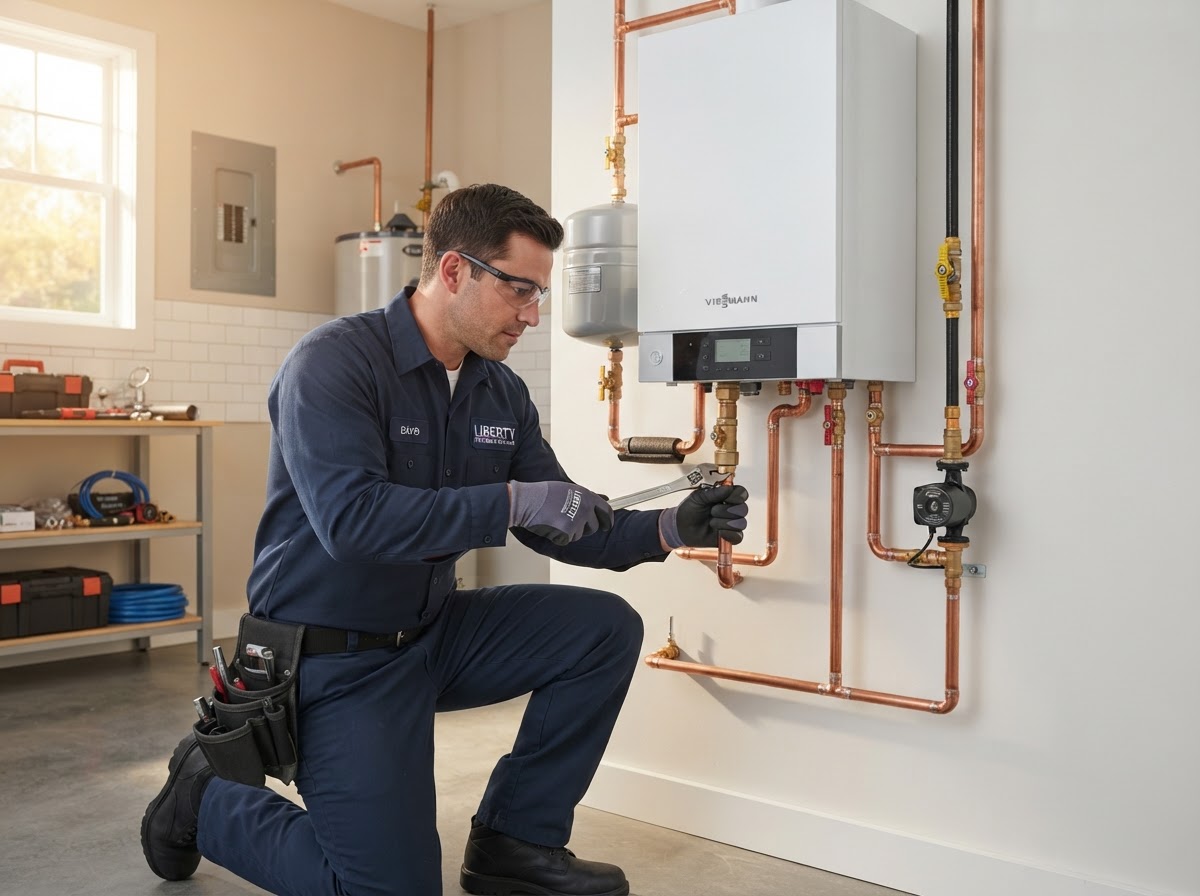 Metro Boiler Heating licensed technician installing a modern residential boiler and hot water system in Bronx, Queens & Brooklyn, NY
