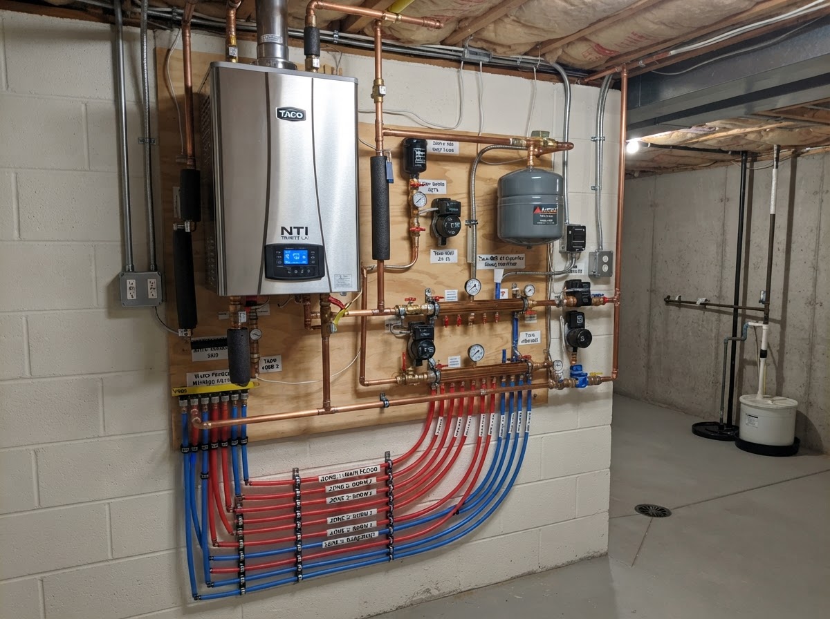 Hydronic heating system installation — modern hot water boiler and piping in a Queens, NY home