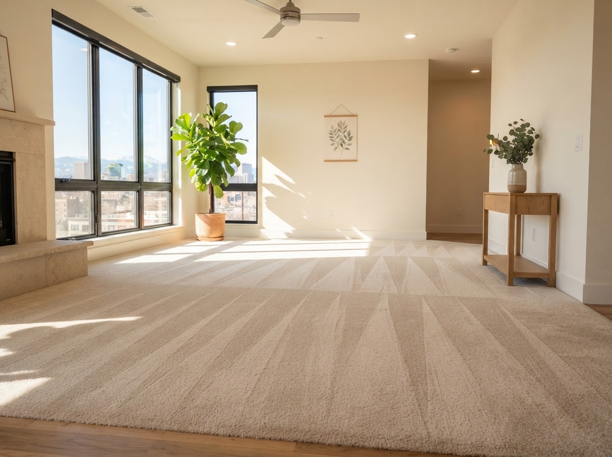 Freshly truckmount-cleaned plush beige carpet in a bright Denver living room